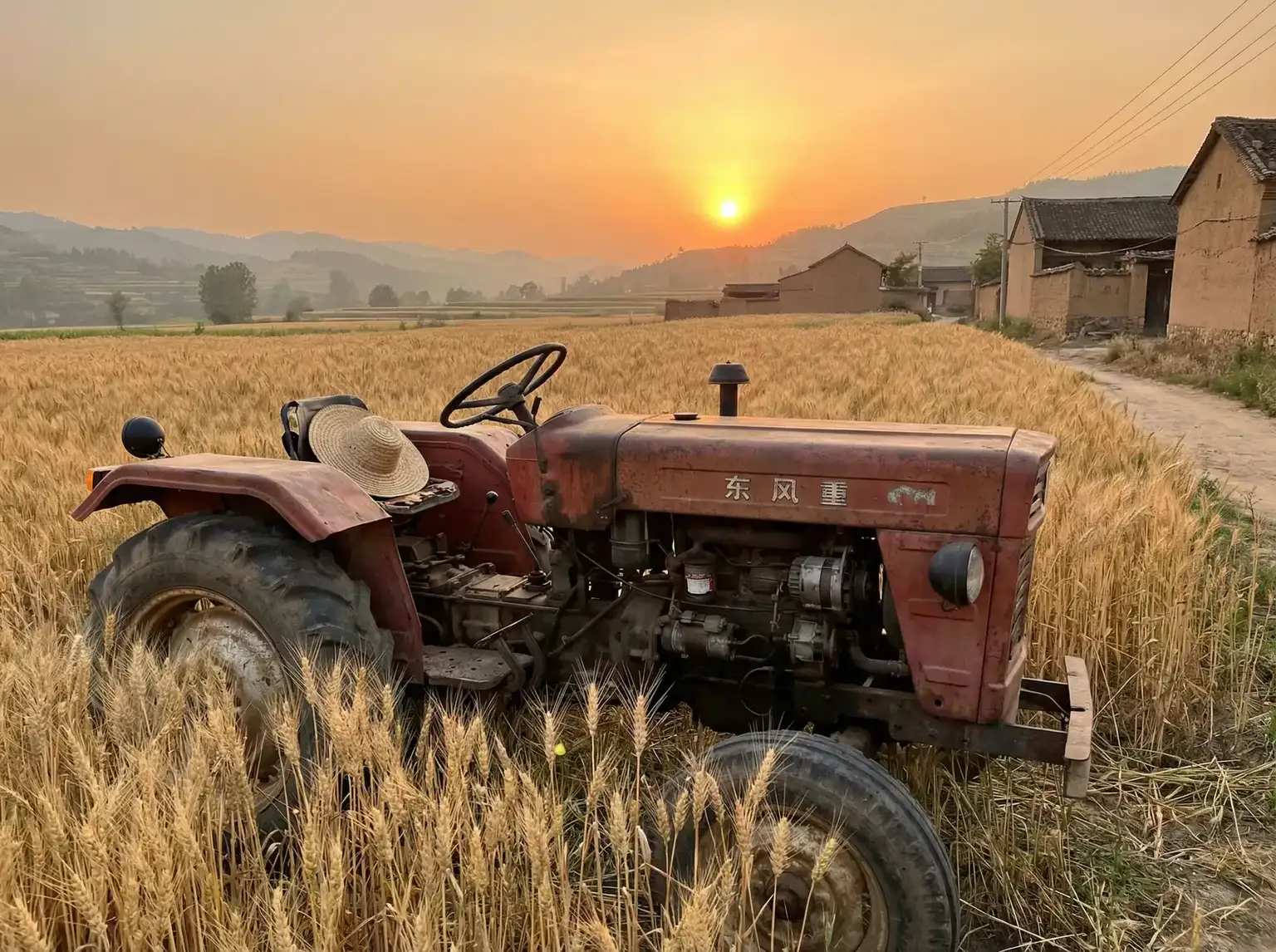 夕阳下的老式拖拉机停在麦田边 - 干露露露三点式写真 田间记忆