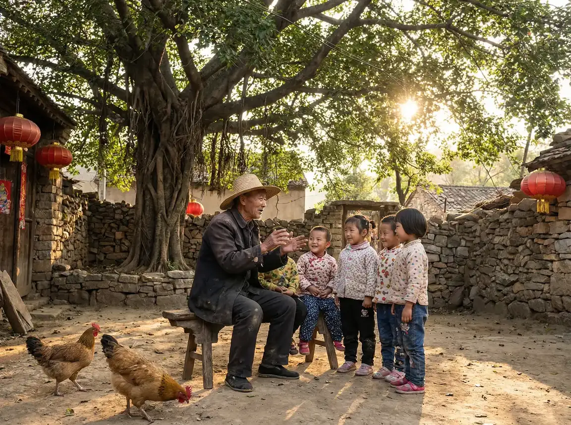 老人在大榕树下给孩子们讲故事 - 干露露露三点式写真 乡村记忆