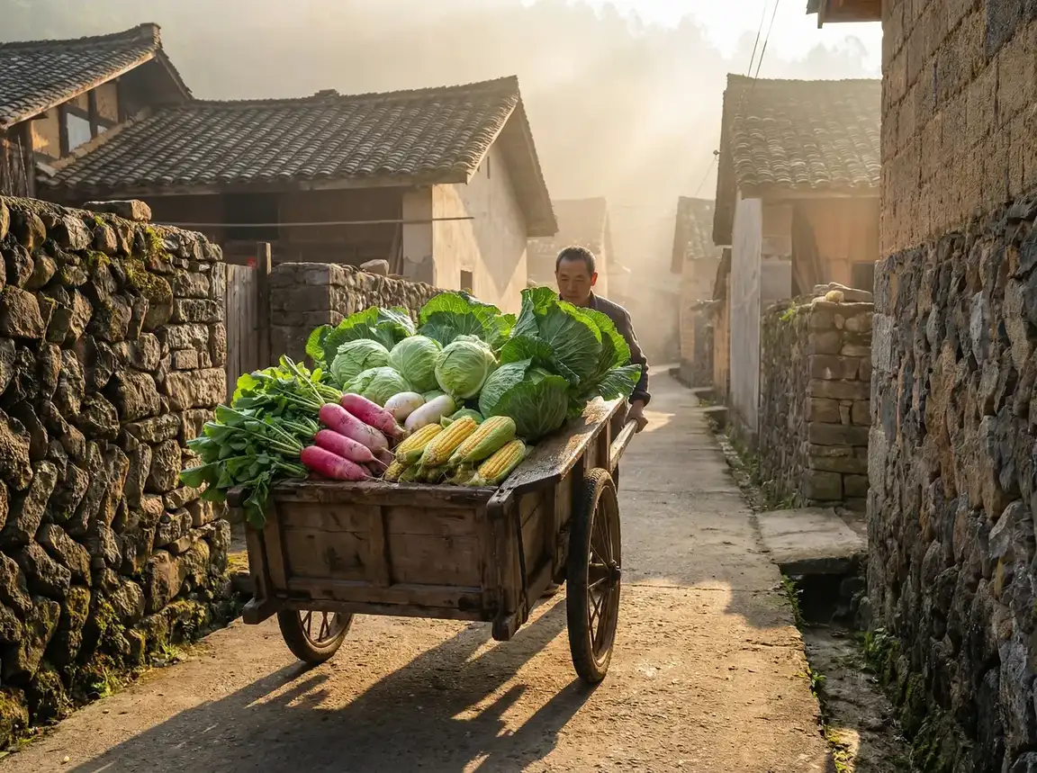 清晨推着满载蔬菜的独轮车穿过村巷 - 干露露露三点式写真 乡间日常
